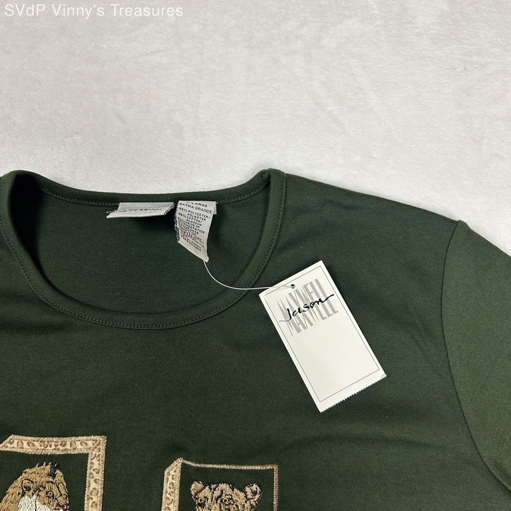 Vintage Y2K Jason Maxwell Women's Olive Green Big Cat Embroidered T-Shirt XL NWT - Picture 5 of 9